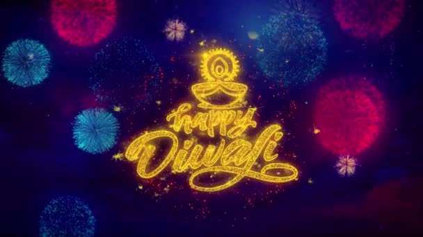Gelukkig Diwali Diya begroeting tekst Sparkle deeltjes op gekleurd vuurwerk — Stockvideo