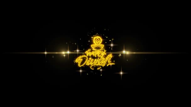 Happy Diwali Diya gouden tekst knipperende deeltjes met gouden vuurwerk display — Stockvideo