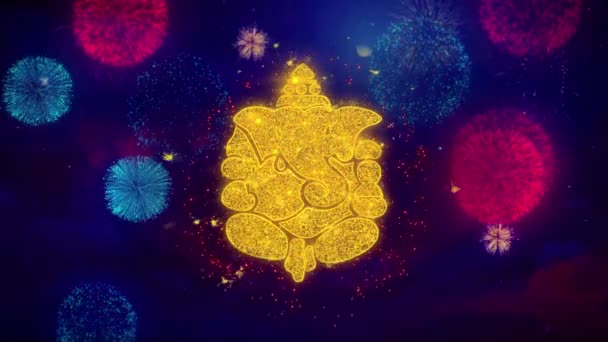 Diwali lord ganesh gruß text funkeln partikel auf farbigem feuerwerk — Stockvideo