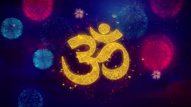 Om o Aum Shiva Saluto Testo Particelle scintillanti sui fuochi d'artificio colorati — Video Stock
