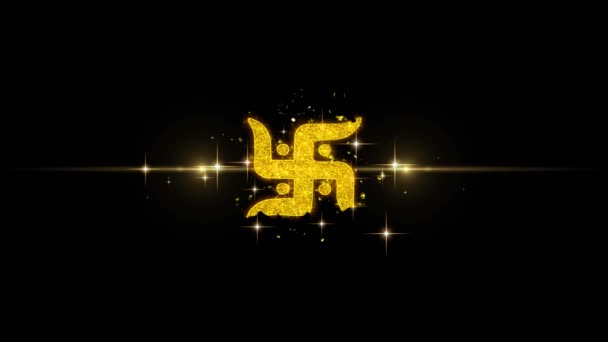 Σβάστικα σύμβολο χρυσό κείμενο αναβοσβήνει σωματίδια με χρυσή εμφάνιση πυροτεχνημάτων — Αρχείο Βίντεο