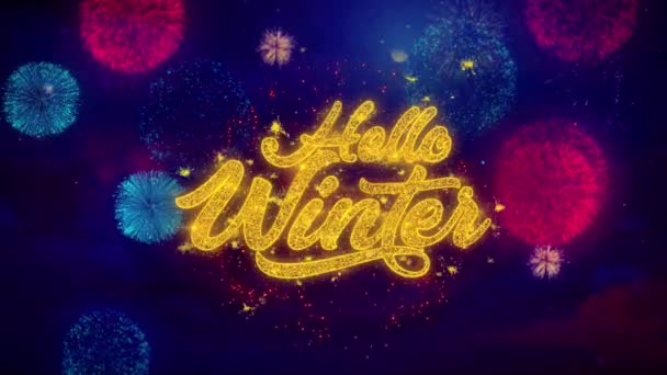 Hallo Wintergruß Text funkeln Partikel auf farbigem Feuerwerk — Stockvideo