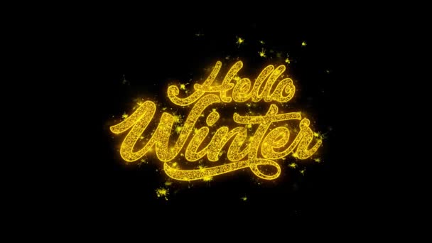 Γεια σας χειμερινή τυπογραφία γραμμένο με χρυσά σωματίδια σπινθήρες πυροτεχνήματα — Αρχείο Βίντεο