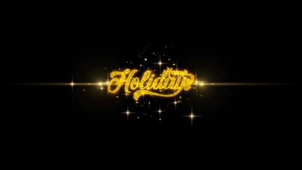 Happy Holidays Golden Text Blinking Particles with Golden Fireworks Display — Stock Video