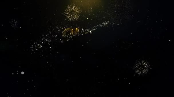 Felices fiestas escritas partículas de oro explotando fuegos artificiales Mostrar — Vídeo de stock