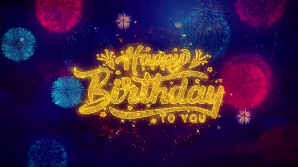 Feliz cumpleaños 2019 Texto de saludo Partículas de chispa en fuegos artificiales de colores — Vídeo de stock