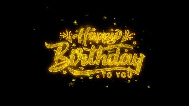 Feliz aniversário tipografia escrita com faíscas de partículas douradas fogos de artifício — Vídeo de Stock