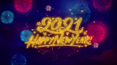 Happy New Year 2021 Tebrik Metin Parıltı Parçacıklar Renkli Havai Fişek
