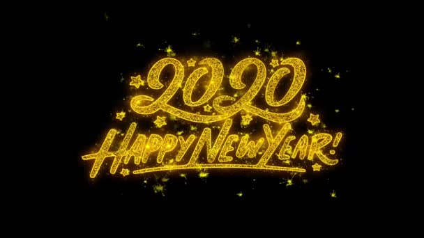 ゴールデンパーティクルで書かれたハッピーニューイヤー2020タイポグラフィは花火を火花 — ストック動画
