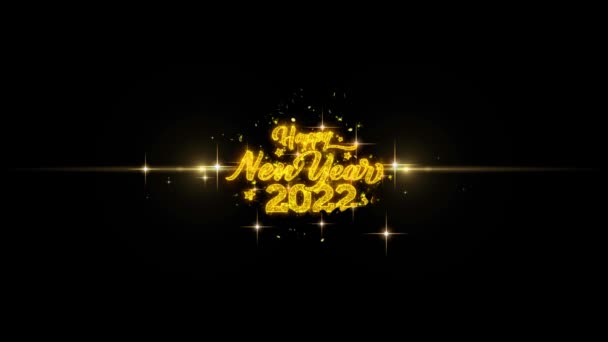 Boldog j évet 2022 arany-szöveg hunyorgó részecske-val arany-tűzijátékok bemutatás