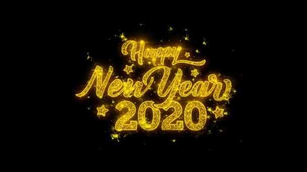 Felice anno nuovo 2020 Tipografia scritta con particelle d'oro scintille fuochi d'artificio — Video Stock