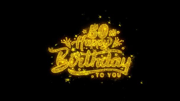 50e gelukkige verjaardag typografie geschreven met gouden deeltjes vonken vuurwerk — Stockvideo