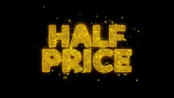 Tipografia de metade do preço Escrito com faíscas de partículas douradas Fogos de artifício — Vídeo de Stock