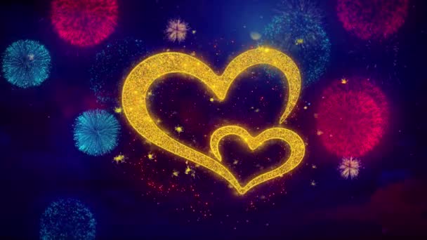 Sevgililer günü aşk kalpleri Tebrik Metin Parıltı Parçacıklar Renkli Havai Fişek — Stok video