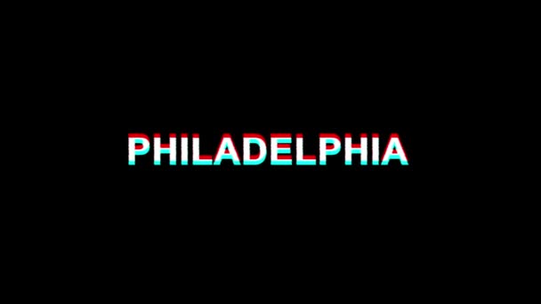 PHILADELPHIA Глюк Эффект Текст Цифровой ТВ искажение 4K петля анимации — стоковое видео