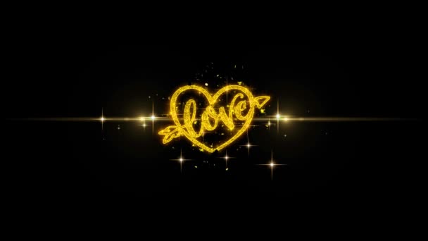 爱心情人节金字闪烁粒子与金色烟花表演 — 图库视频影像