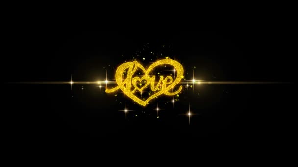 Kärlek Alla hjärtans dag hjärta gyllene text blinkande partiklar med gyllene fyrverkeri — Stockvideo