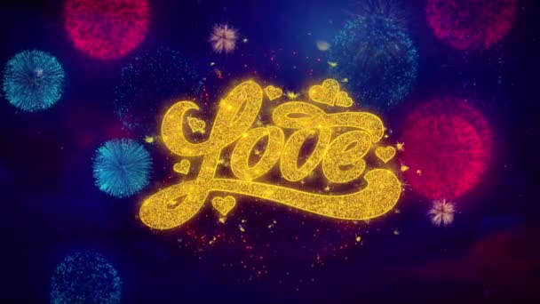 Valentines amor saudação texto faísca partículas em fogos de artifício coloridos — Vídeo de Stock