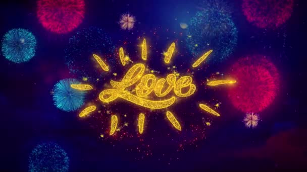 Glad Alla hjärtans dag kärlek gratulationskort Text Sparkle partiklar på färgade fyrverkerier — Stockvideo
