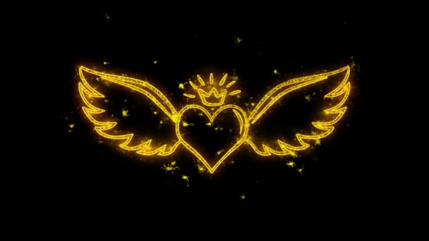Srdce s tvarem s nárožní křídlatou typografií napsané zlatými částicemi Sparks Fireworks