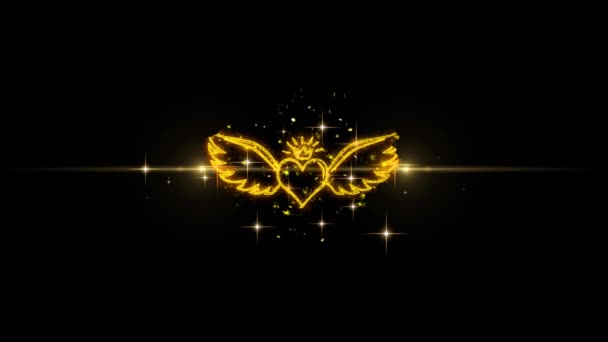 Coração com forma de asas de ângulo Golden Blinking Partículas com exibição de fogos de artifício dourados — Vídeo de Stock