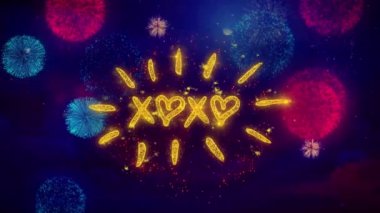 XOXO Valentines Day Greeting Text Sparkle Particles on Colored Fireworks