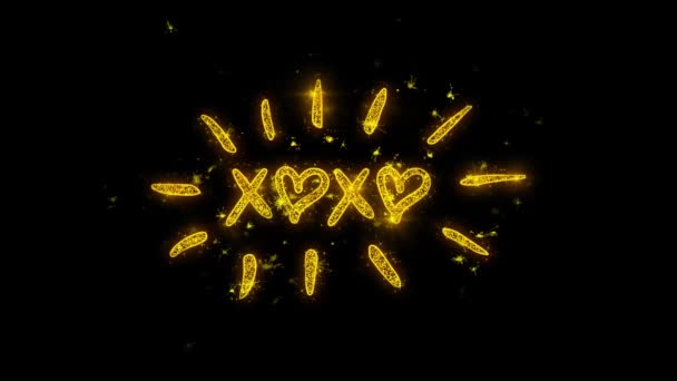 XOXO Dia dos Namorados Tipografia escrita com faíscas de partículas douradas Fogos de artifício — Vídeo de Stock