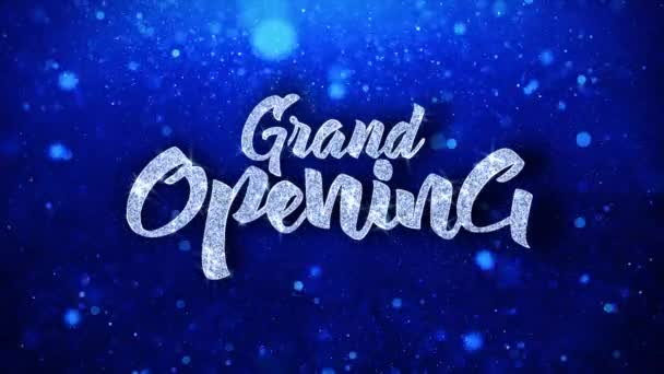 Grand opening blauwe tekst wensen deeltjes groeten, uitnodiging, viering achtergrond — Stockvideo