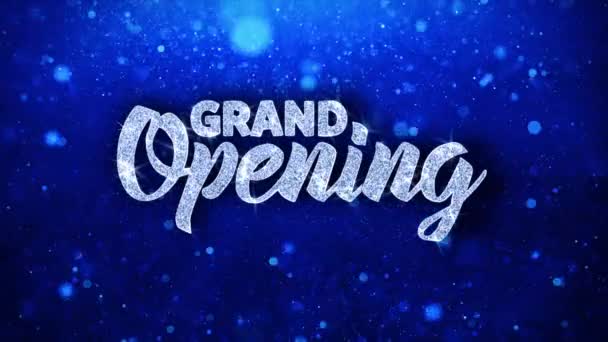 Grand Opening kék szöveg kívánja részecskék köszöntések, meghívó, ünnepi háttér — Stock videók