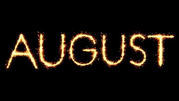August Text Sparkler Glitter Sparks Firework Loop Анімація — стокове відео
