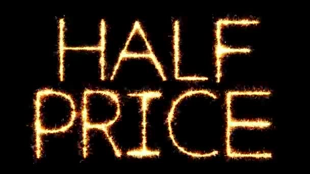 Half ceny tekst Sparkler Glitter Sparks fajerwerki pętli animacji — Wideo stockowe