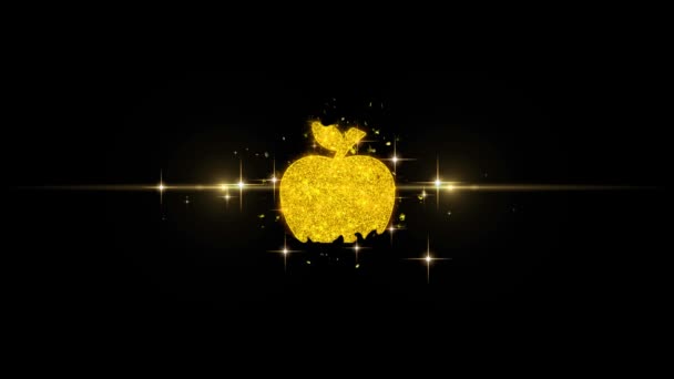 Μήλο εικονίδιο σε γκλίτερ χρυσά σωματίδια πυροτεχνήματα. — Αρχείο Βίντεο