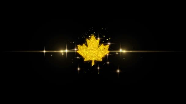 Kanadisches Ahornblatt-Symbol auf glitzernden Goldpartikeln Feuerwerk. — Stockvideo