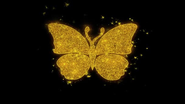 Schmetterling und Biene Ikone funkt Partikel auf schwarzem Hintergrund. — Stockvideo