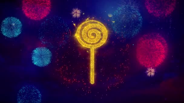 Lollipop caramelo icono símbolo en coloridos fuegos artificiales partículas . — Vídeo de stock