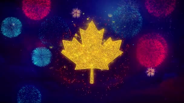 Símbolo de icono de hoja de arce canadiense en partículas de fuegos artificiales coloridos . — Vídeo de stock