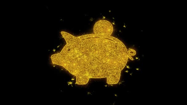 Sparschwein-Münzsymbol funkt Partikel auf schwarzem Hintergrund. — Stockvideo