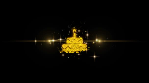 Geburtstagskuchen-Ikone auf glitzerndem Goldpartikelfeuerwerk. — Stockvideo