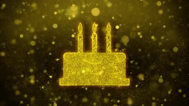 Tarta de Cumpleaños Icono Brillo Dorado Brillo Partículas . — Vídeo de stock
