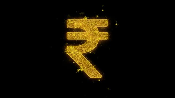 Rupier indiska valuta ikonen gnistor partiklar på svart bakgrund. — Stockvideo