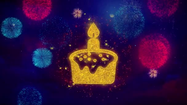 Urodziny wielkanocny tort ikona symbol na kolorowe cząstki fajerwerki. — Wideo stockowe