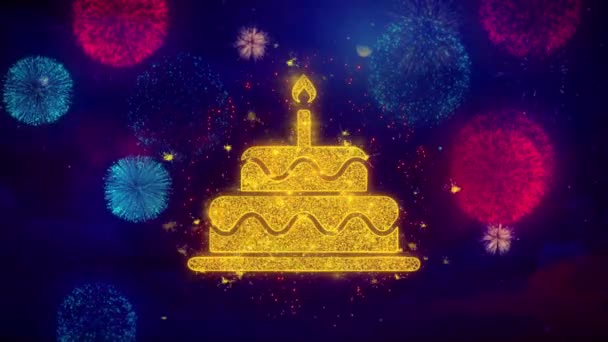 Símbolo de ícone de bolo de aniversário em partículas coloridas de fogos de artifício . — Vídeo de Stock