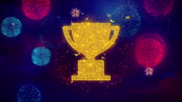 Trofee Win Cup pictogram symbool op kleurrijke Fireworks-deeltjes. — Stockvideo