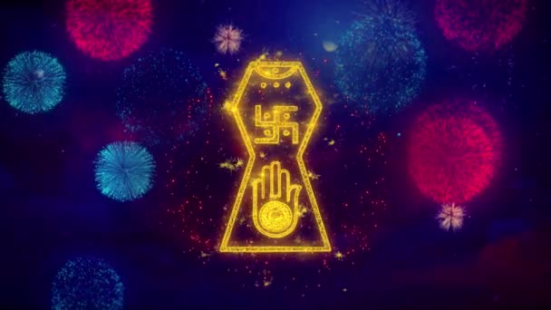 Jain hand. Ahimsa Indische, jainisms, Hindoe religieuze pictogram symbool op kleurrijke Fireworks-deeltjes. — Stockvideo