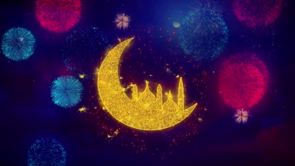 Islamitische moskee maan Ramadan pictogram symbool op kleurrijke Fireworks-deeltjes. — Stockvideo