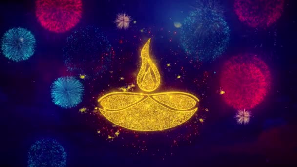 Diwali, diwali diya, diwali lamba, renkli havai fişek parçacıkları üzerinde diya Simge Sembolü. — Stok video