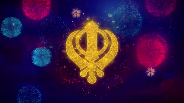 Khanda, náboženství, náboženský symbol, sikhismus symbol ikon na barevných částicích Fireworks. — Stock video