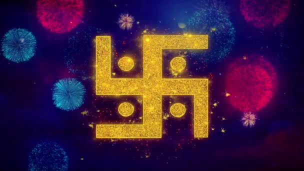 Hindu, holy, indian, religion, swastik, swastika Icon Symbol on Colorful Fireworks Particles. — Stock Video