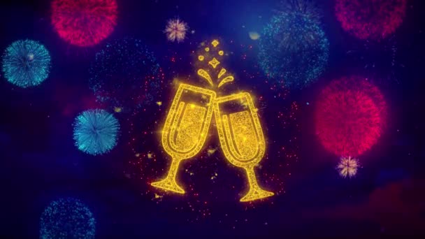 Cheers Celebration Toast Due bicchieri Simbolo di Champagne Icona su particelle di fuochi d'artificio colorati . — Video Stock