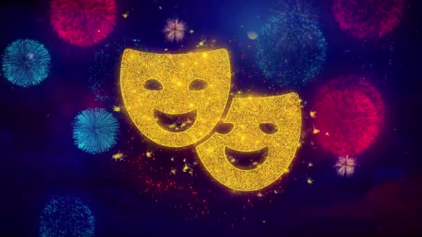 Drama, play, theater mask Icon Symbol on Colorful Fireworks Particles. — Stock Video